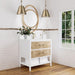 James Martin Olena 36 Inch Single Vanity Light Mappa Burl and Polished White With Single Hole Faucet White Zeus Silestone Top Backsplash Corner View