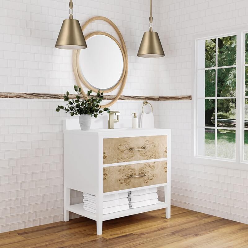 James Martin Olena 36 Inch Single Vanity Light Mappa Burl and Polished White With Single Hole Faucet White Zeus Silestone Top Backsplash Corner View