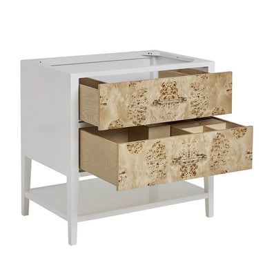 James Martin Olena 36" Single Vanity Light Mappa Burl and Polished White Cabinet Only