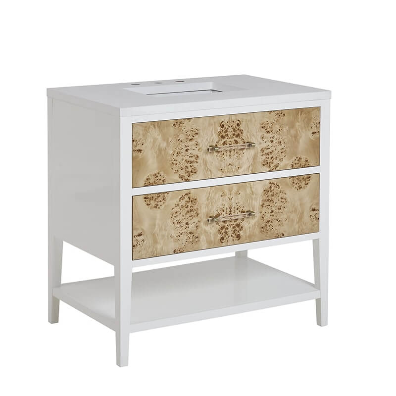 James Martin Olena 36" Single Vanity Light Mappa Burl and Polished White Corner View Close Drawer With Countertop