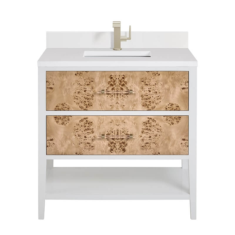 James Martin Olena 36" Single Vanity Light Mappa Burl and Polished White With Single Hole Faucet White Zeus Silestone Top Backsplash