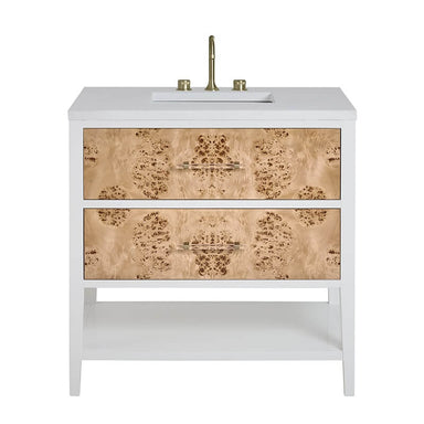 James Martin Olena 36" Single Vanity Light Mappa Burl and Polished White With White Zeus Silestone Top