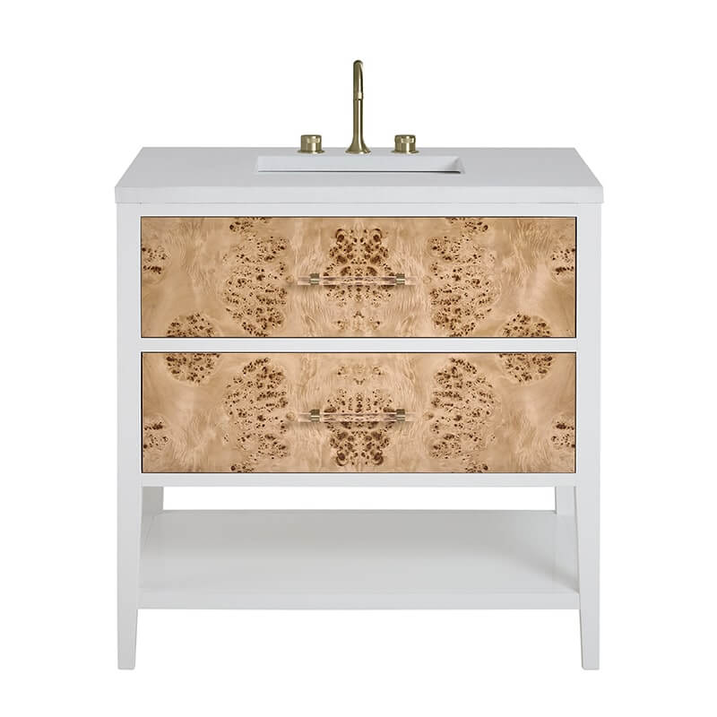 James Martin Olena 36" Single Vanity Light Mappa Burl and Polished White With White Zeus Silestone Top