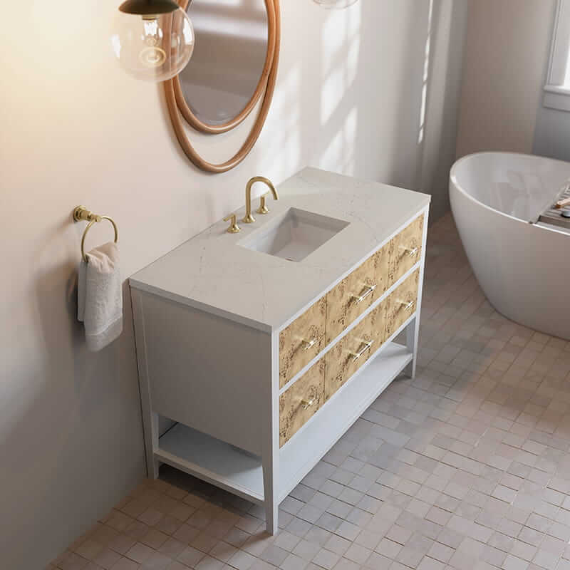 James Martin Olena 48 Inch Single Vanity in Light Mappa Burl and Polished White With Siberian Silestone Top