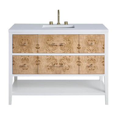 James Martin Olena 48 Inch Single Vanity in Light Mappa Burl and Polished White With White Zeus Silestone Top