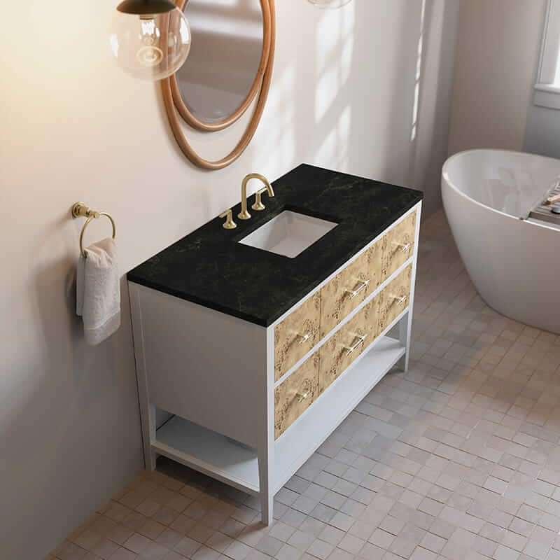 James Martin Olena 48" Single Vanity in Light Mappa Burl and Polished White With Phantome Eclos Top