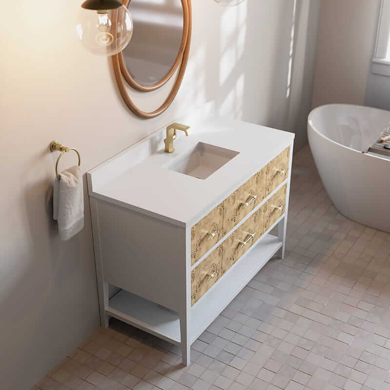 James Martin Olena 48" Single Vanity in Light Mappa Burl and Polished White With Single Hole Faucet White Zeus Silestone Top Backsplash