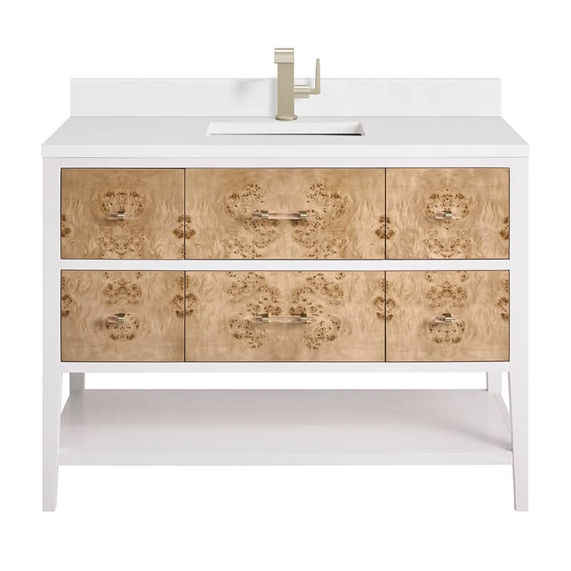 James Martin Olena 48" Single Vanity in Light Mappa Burl and Polished White With White Zeus Silestone Top Backsplash