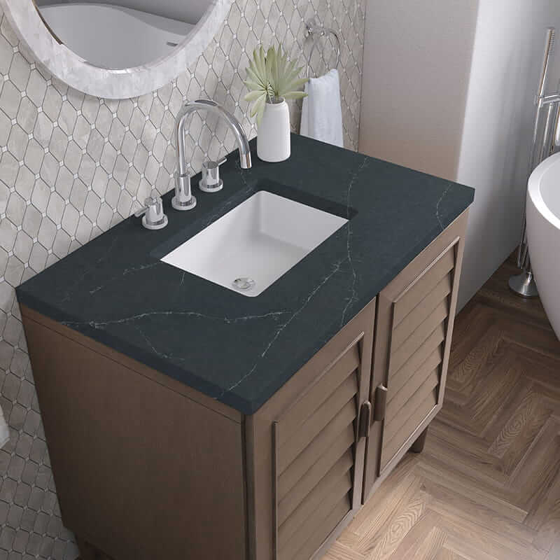 James Martin Portland 36 Inch Single Vanity in Whitewashed Walnut With Charcoal Soapstone Silestone Top