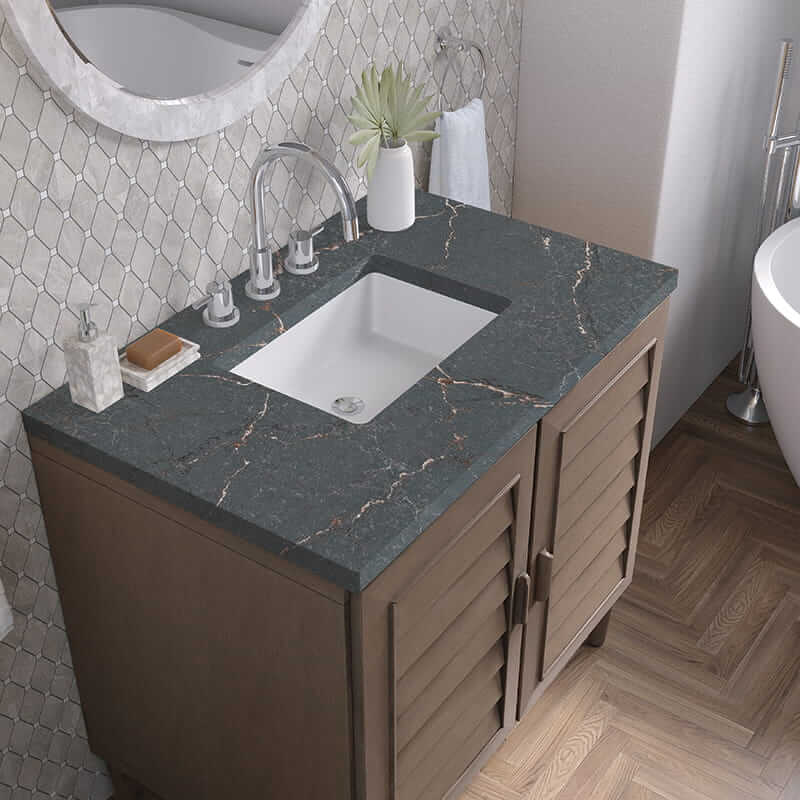 James Martin Portland 36 Inch Single Vanity in Whitewashed Walnut With Parisien Bleu Silestone Top