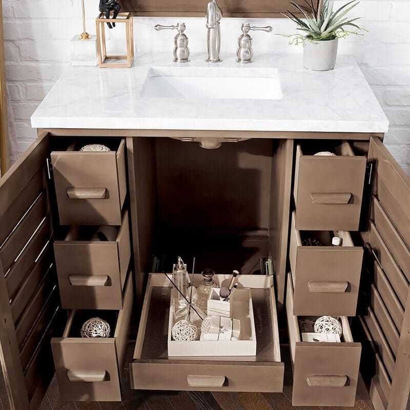 James Martin Portland 36 Inch Vanity Whitewashed Walnut Open Drawers