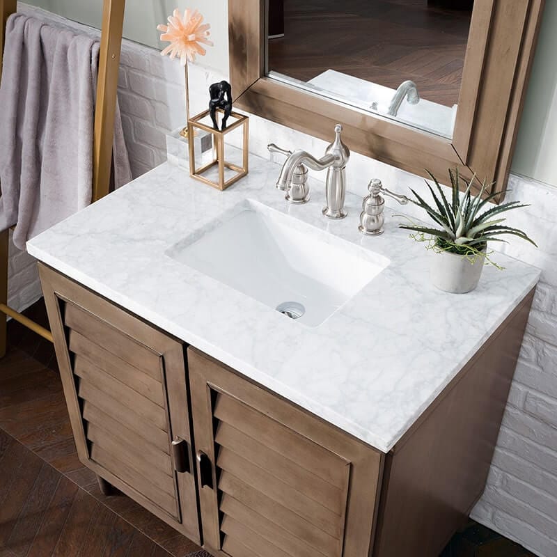 James Martin Portland 36 Single Vanity Whitewashed Walnut Carrara White Marble Top