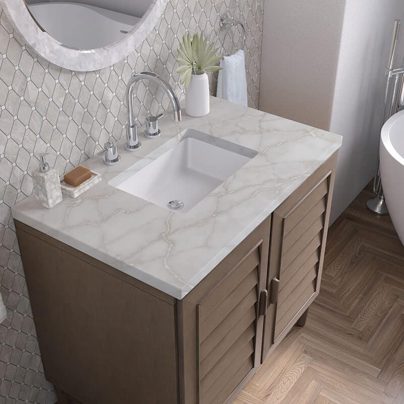 James Martin Portland 36 Single Vanity Whitewashed Walnut Victorian Silver Silestone Top