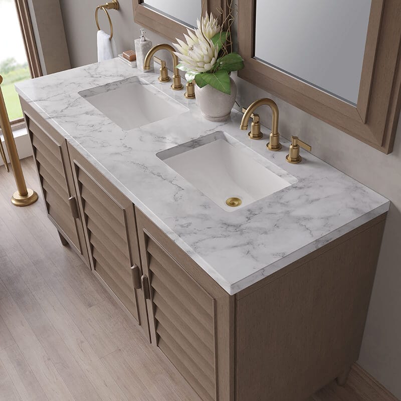 James Martin Portland 60" Double Vanity in Whitewashed Walnut With Carrara Marble Top