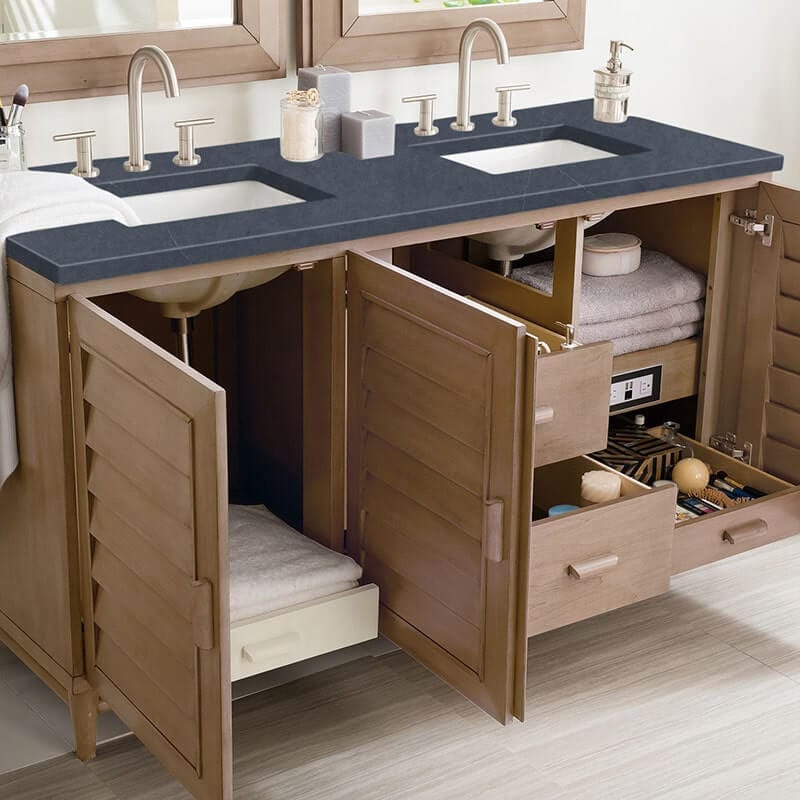 James Martin Portland 60" Double Vanity Whitewashed Walnut Open Drawer