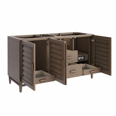 James Martin Portland 60 Inch Double Vanity in Whitewashed Walnut Corner View Open Door and Drawers