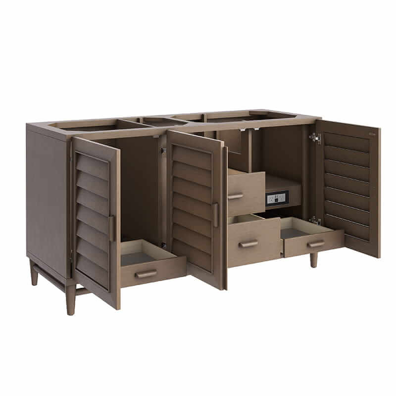 James Martin Portland 60 Inch Double Vanity in Whitewashed Walnut Corner View Open Door and Drawers