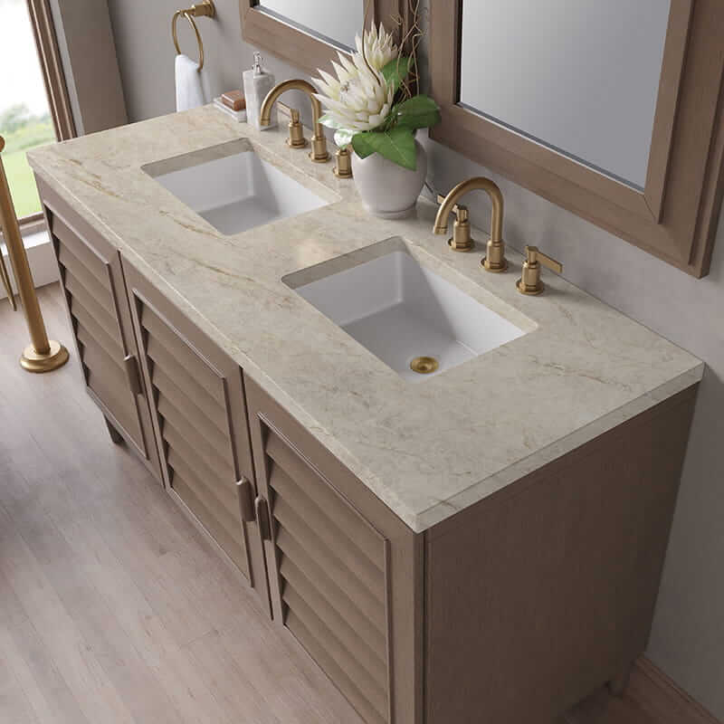 James Martin Portland 60 Inch Double Vanity in Whitewashed Walnut With Tajnar Eclos Top