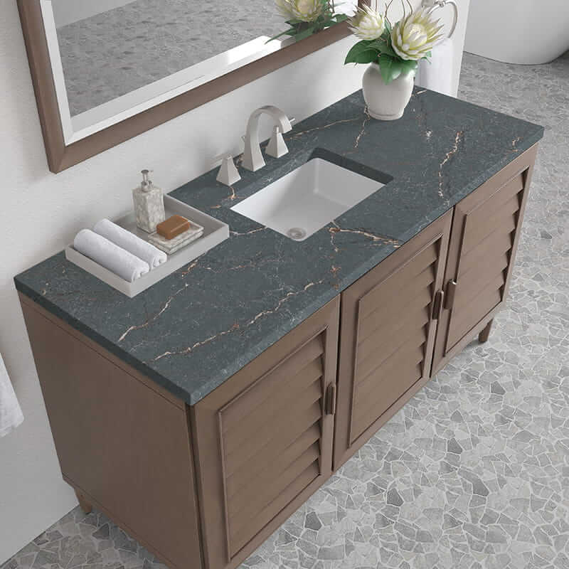 James Martin Portland 60 Inch Single Vanity in Whitewashed Walnut With Parisien Bleu Silestone Top