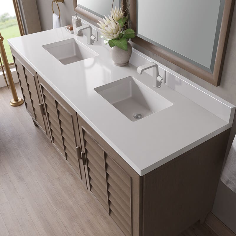 James Martin Portland 72" Double Vanity in Whitewashed Walnut With Single Hole Faucet White Zeus Silestone Top Backsplash