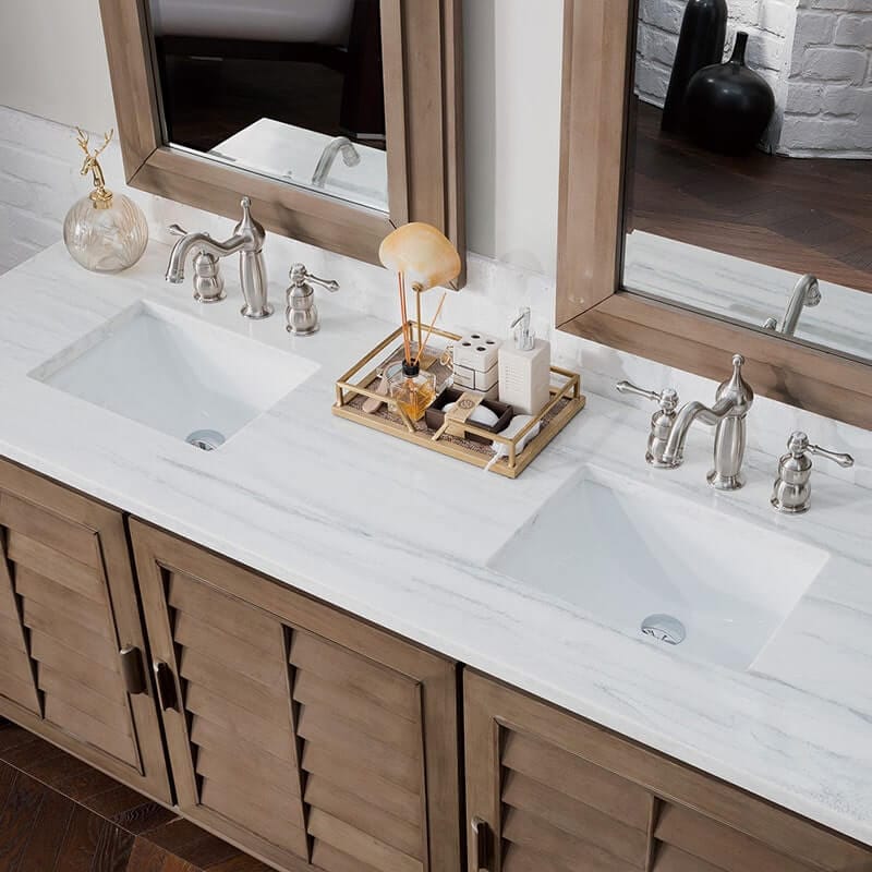 James Martin Portland 72" Double Vanity Whitewashed Walnut Arctic Fall Solid Surface Top