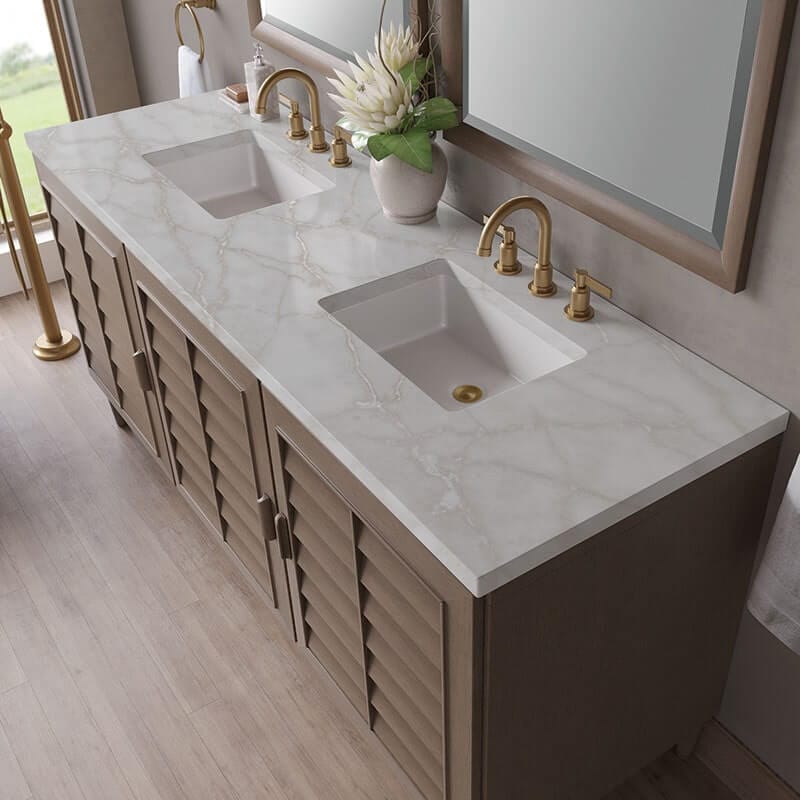 James Martin Portland 72 Inch Double Vanity Whitewashed Walnut Victorian Silver Silestone Top