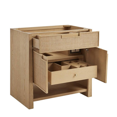 James Martin Solene 36 Inch Single Vanity in Seaside Oak Corner View Open Door and Drawers