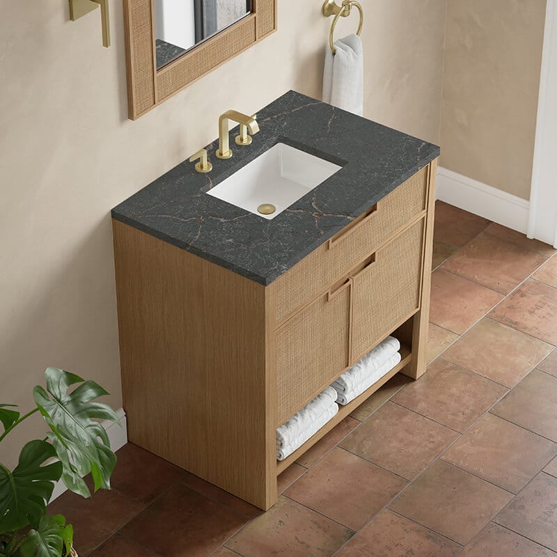 James Martin Solene 36 Inch Single Vanity in Seaside Oak With Parisien Bleu Quartz Top