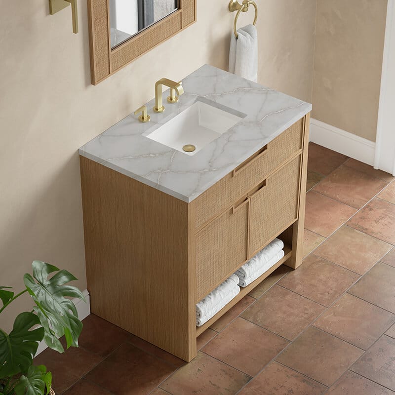 James Martin Solene 36 Inch Single Vanity in Seaside Oak With Victorian Silver Quartz Top