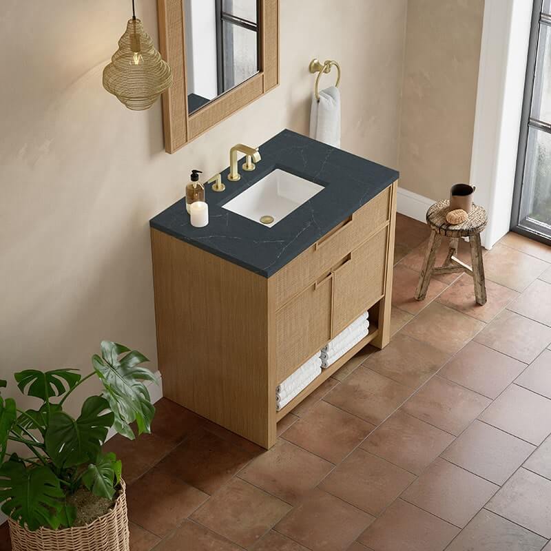 James Martin Solene 36 Inch Single Vanity Seaside Oak Charcoal Soapstone Silestone Top