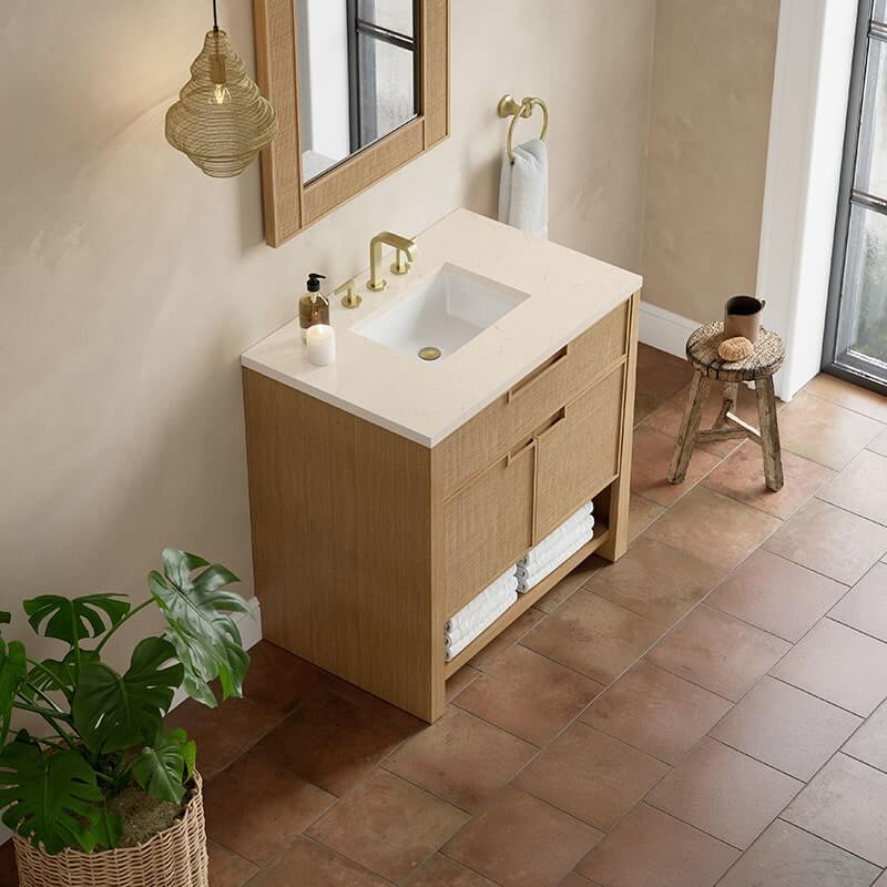 James Martin Solene 36 Inch Single Vanity Seaside Oak Eternal Marfil Top