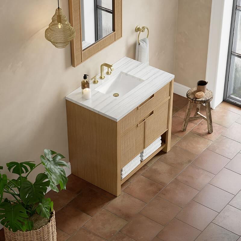 James Martin Solene 36" Single Vanity Seaside Oak Arctic Fall Solid Surface Top