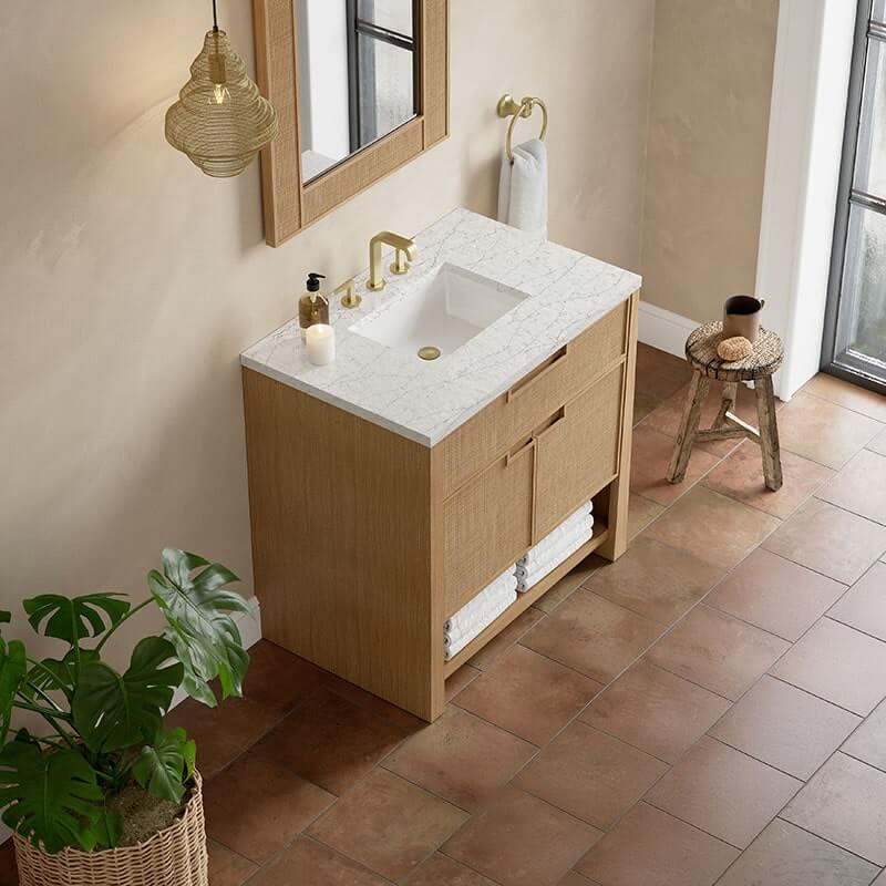 James Martin Solene 36" Single Vanity Seaside Oak Eternal Jasmine Pearl Silestone Top