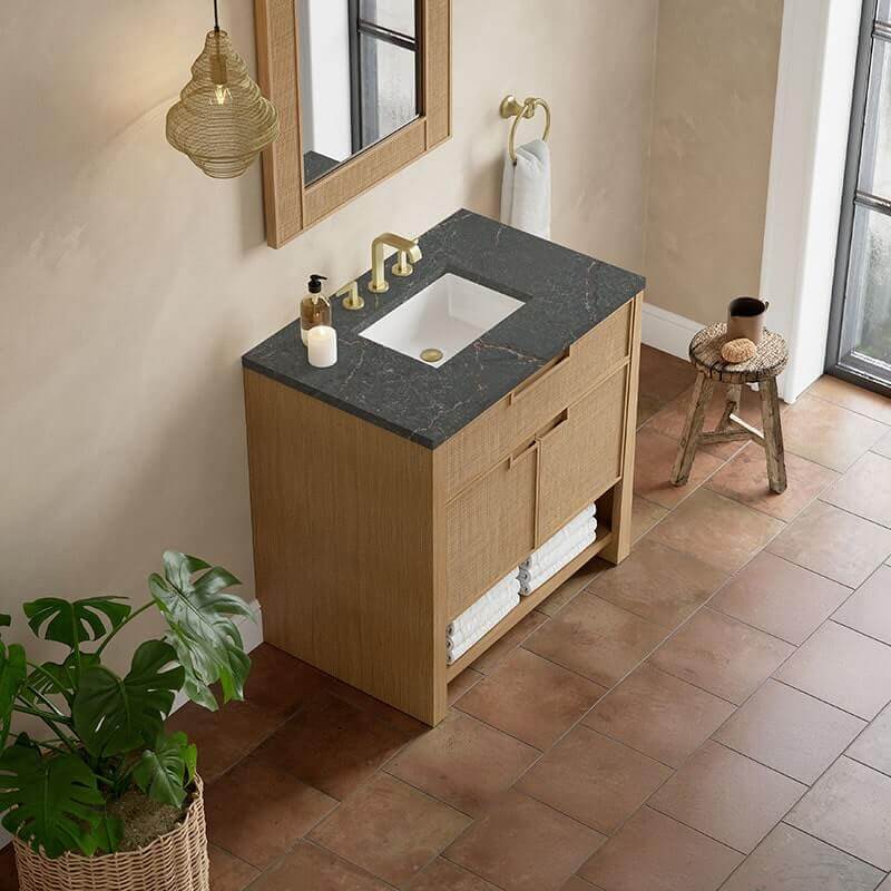 James Martin Solene 36" Single Vanity Seaside Oak Parisien Bleu Silestone Top