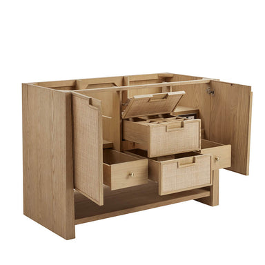James Martin Solene 48 Inch Single Vanity in Seaside Oak Corner View Open Door and Drawers