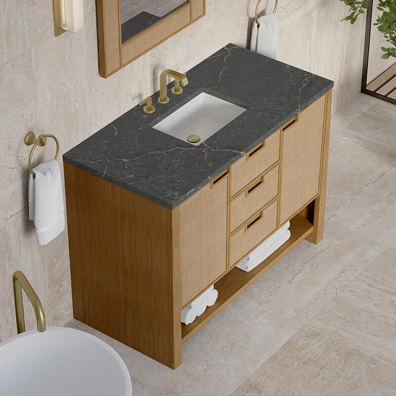 James Martin Solene 48 Inch Single Vanity in Seaside Oak With Parisien Bleu Quartz Top