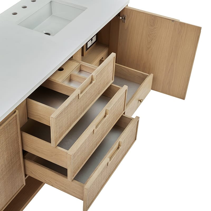 James Martin Solene 72" Double Vanity in Seaside Oak Top View Open Drawers