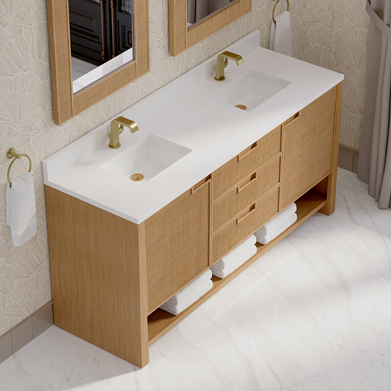 James Martin Solene 72" Double Vanity in Seaside Oak With Single Hole Faucet White Zeus Silestone Top Backsplash