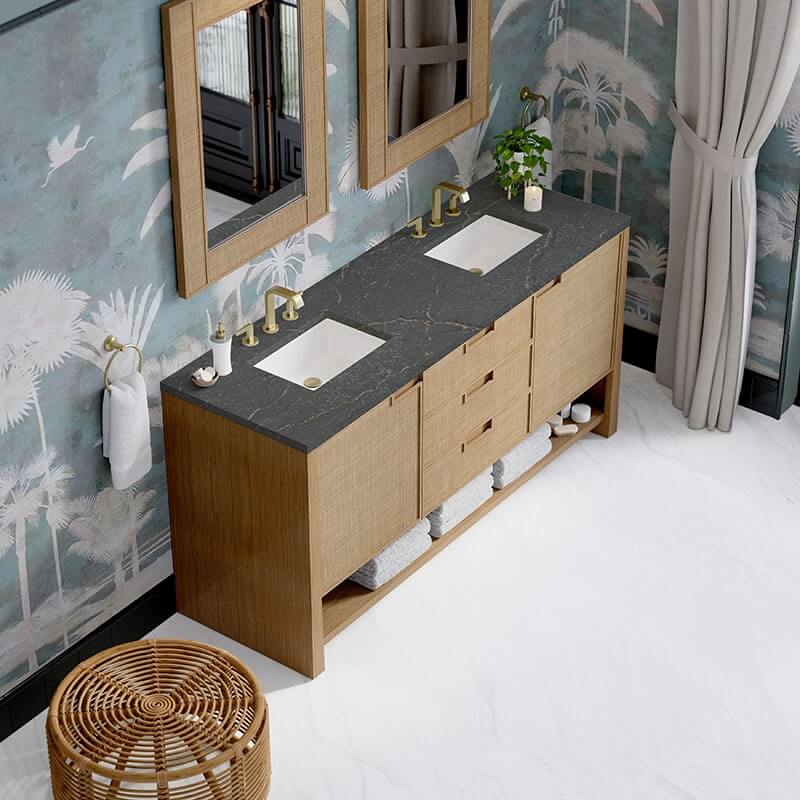 James Martin Solene 72" Double Vanity Seaside Oak Parisien Bleu Silestone Top