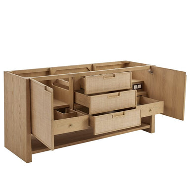 James Martin Solene 72 Inch Double Vanity in Seaside Oak Corner View Open Door and Drawers
