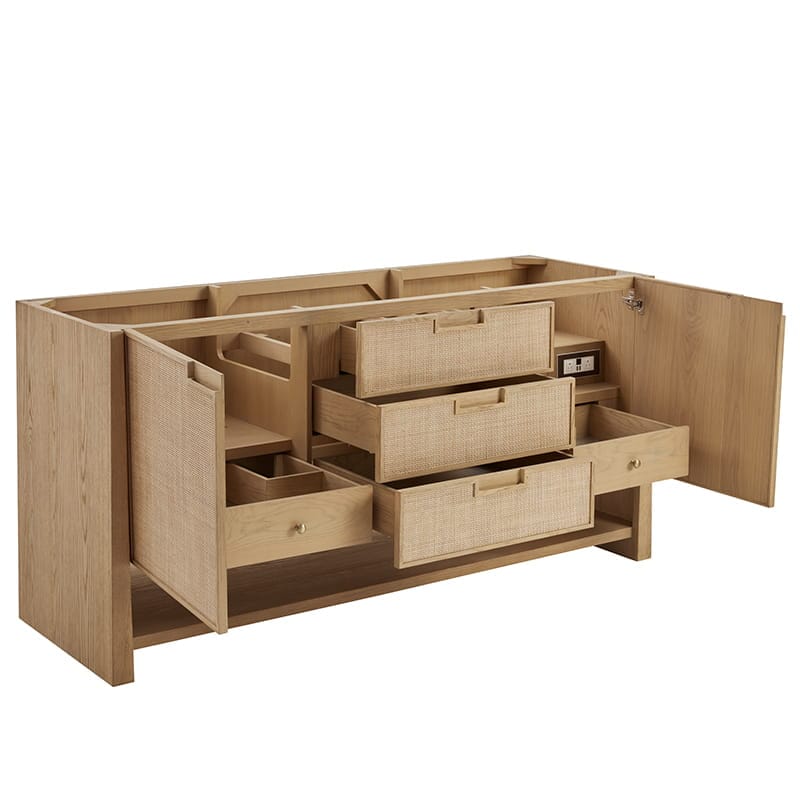 James Martin Solene 72 Inch Double Vanity in Seaside Oak Corner View Open Door and Drawers