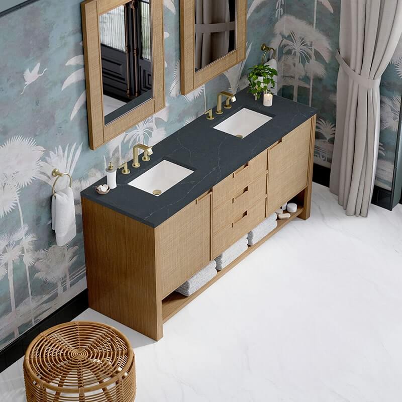 James Martin Solene 72 Inch Double Vanity Seaside Oak Charcoal Soapstone Silestone Top