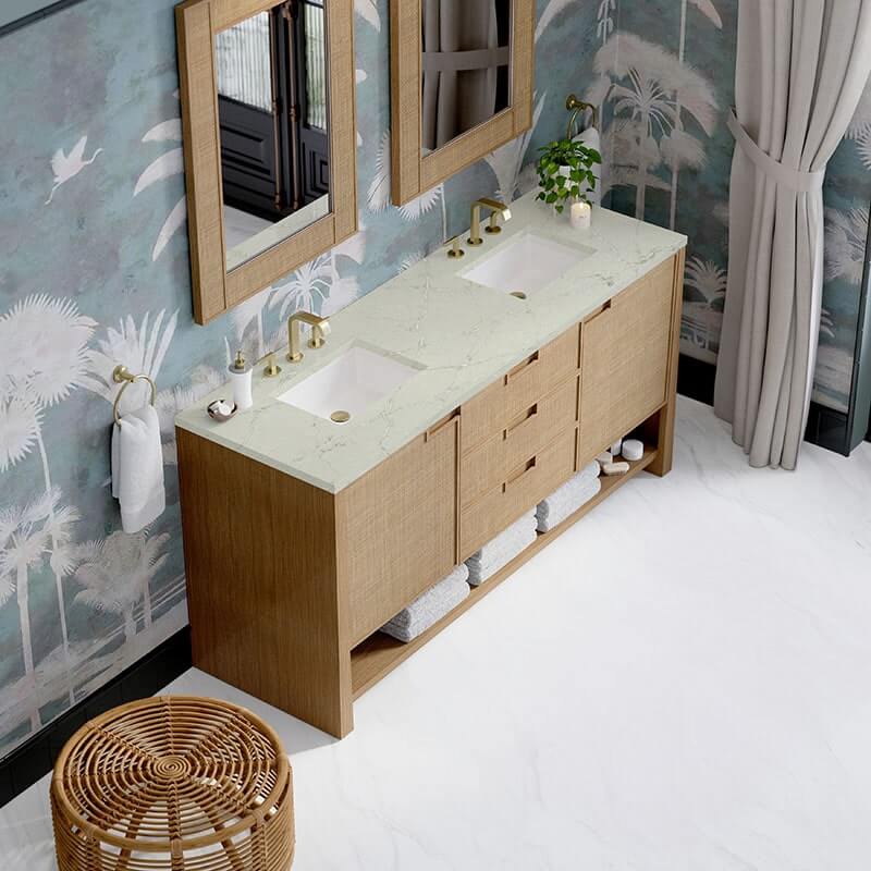 James Martin Solene 72 Inch Double Vanity Seaside Oak Victorian Silver Silestone Top