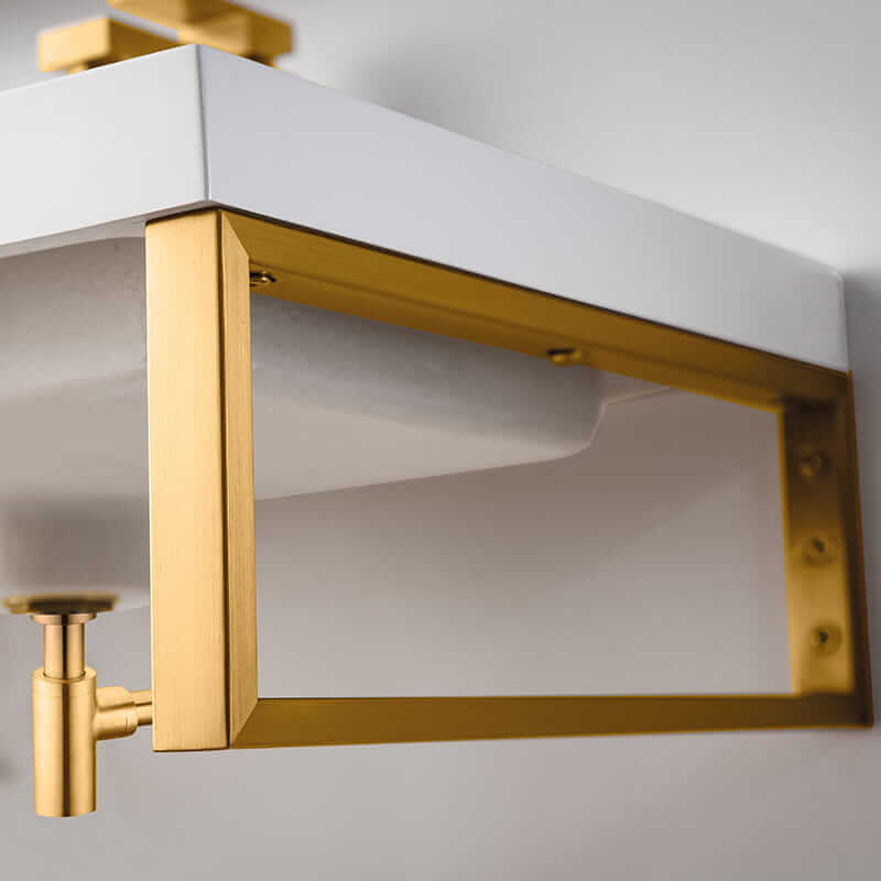James Martin Three Boston 18" Wall Brackets in Radiant Gold With 47" White Glossy Composite Stone Top Up Close