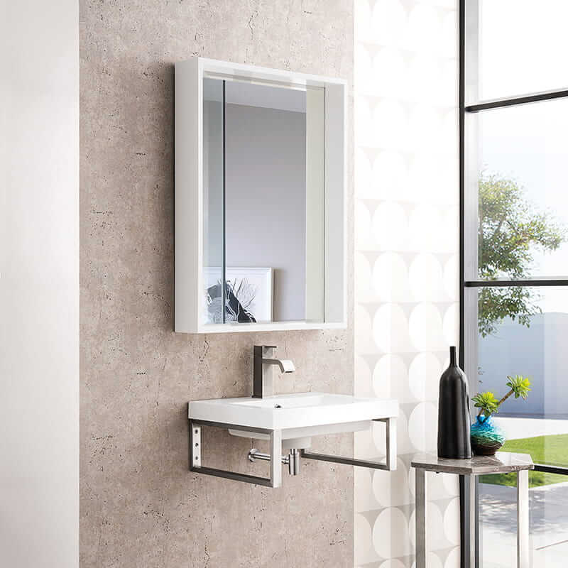 James Martin Two Boston 15.25 Inch Wall Brackets in Brushed Nickel With 20" White Glossy Composite Stone Top Corner View