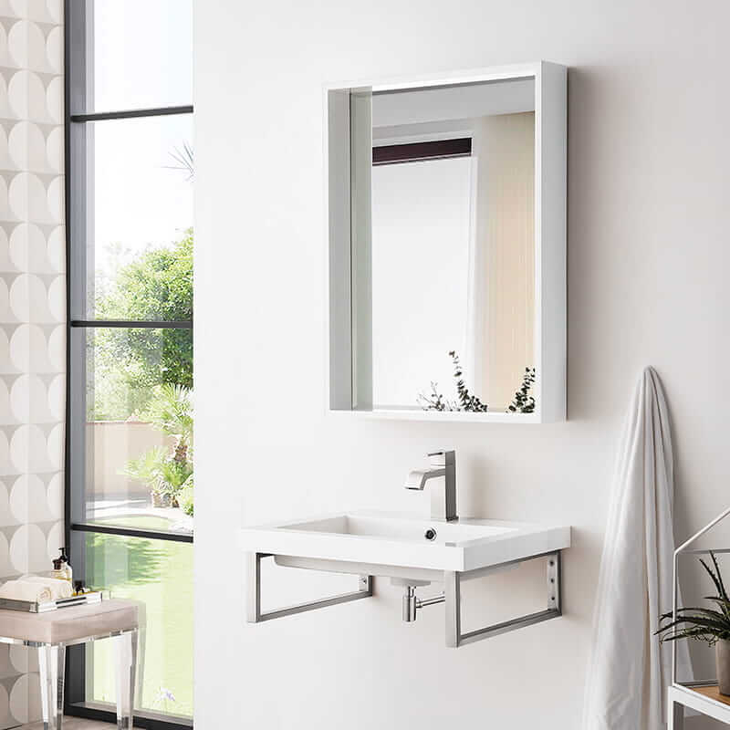 James Martin Two Boston 18 Inch Wall Brackets in Brushed Nickel With 23.6" White Glossy Composite Stone Top Corner View