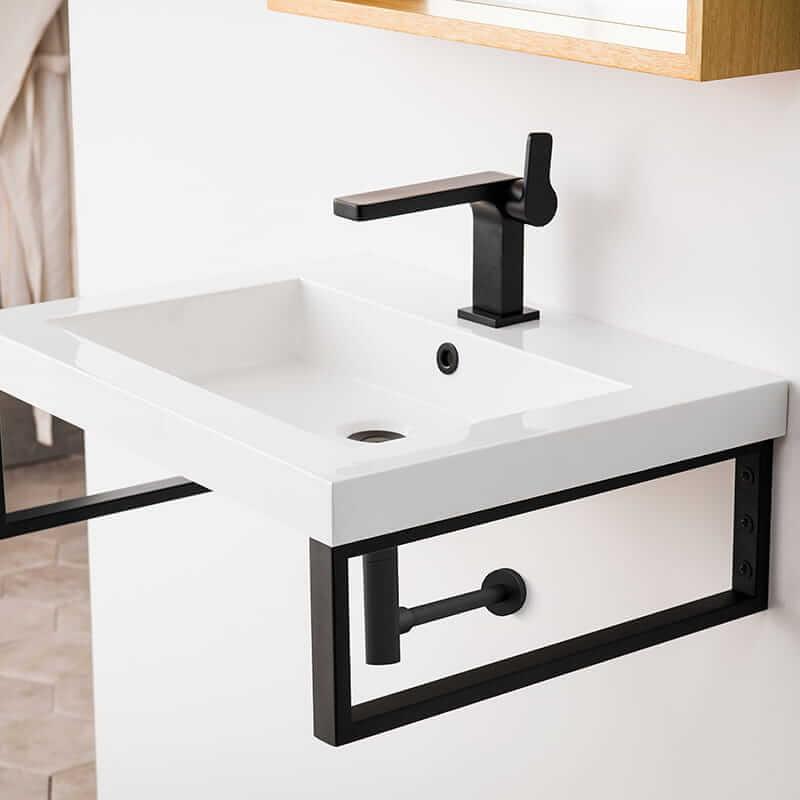 James Martin Two Boston 18 Inch Wall Brackets in Matte Black With 23.6" White Glossy Composite Stone Top Side View Up Close