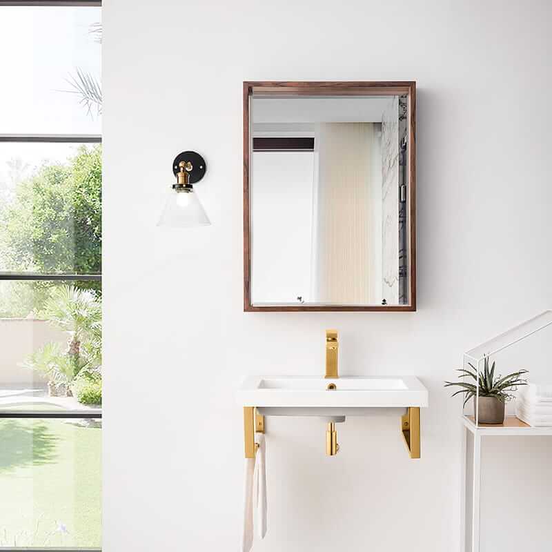 James Martin Two Boston 18" Wall Brackets in Radiant Gold With 23.6" White Glossy Composite Stone Top Front View