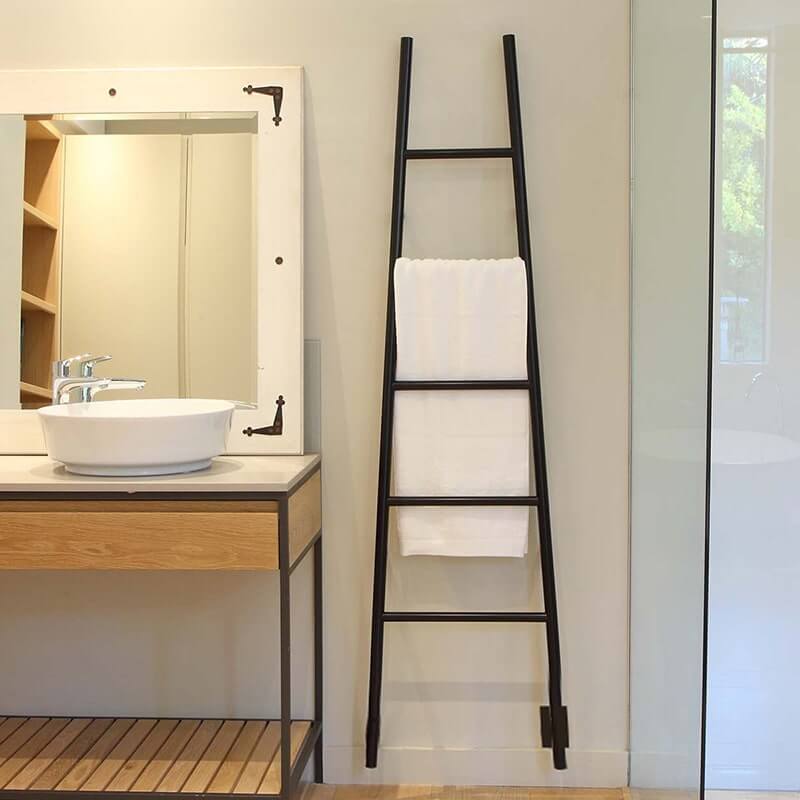 Jeeves Model a Ladder 5 Bar Drying Rack in Matte Black Mounted Beside Vanity