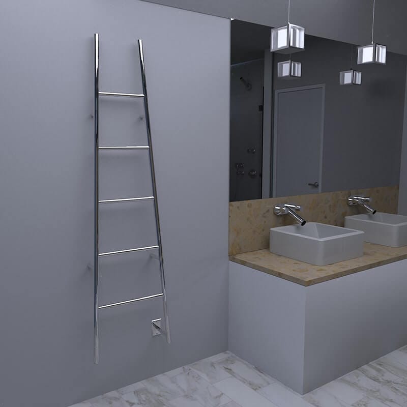 Jeeves Model a Ladder 5 Bar Drying Rack in Polished Stainless Corner View Beside Two Sink Vanity Canibet